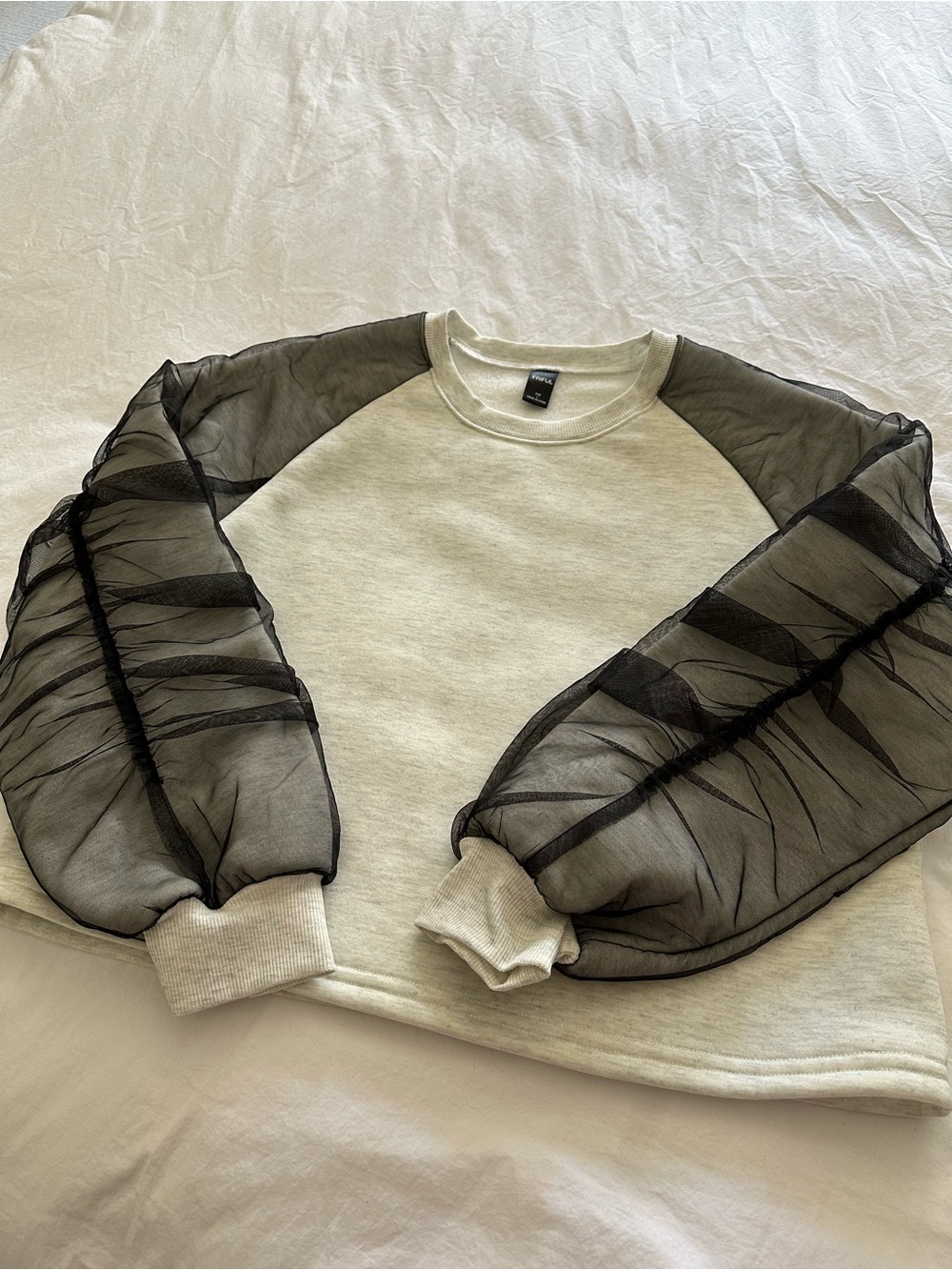 FRIFUL Sheer Puff Sleeve Sweatshirt with Organza Sleeves, NWOT size large - Picture 8 of 14